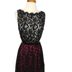 Eliza J Dress Size 6 Black Lace Crochet Hot Pink White Lining Sleeveless Belt
